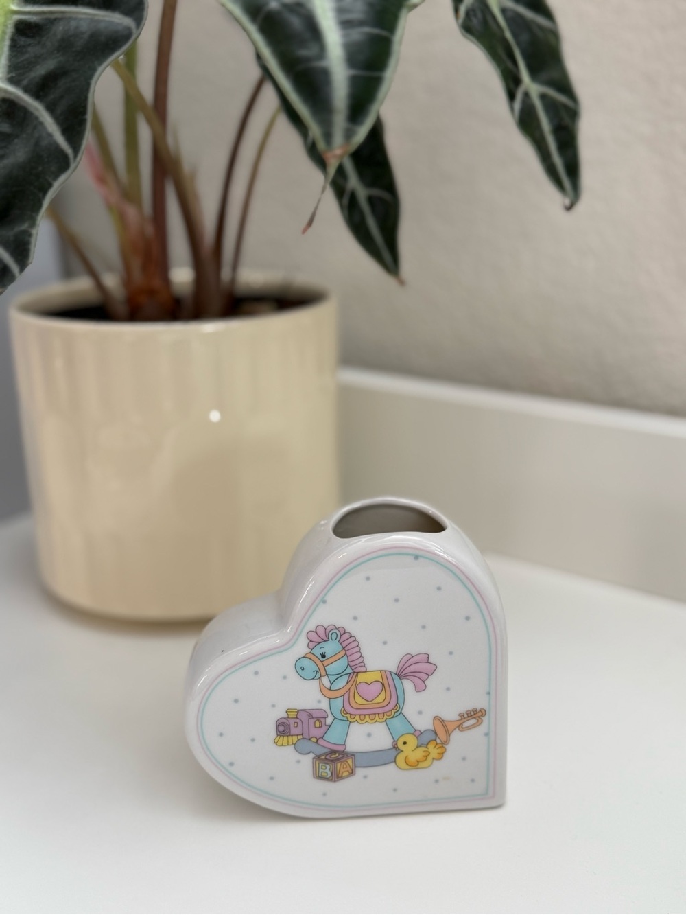 Vintage Heart-Shaped Ceramic Holder with Pastel Rocking Horse